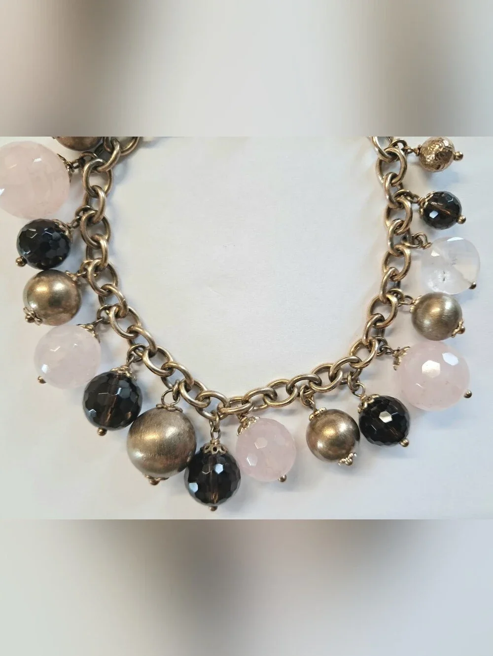 ITAOR Vintage Italy 925 Sterling Silver Heavy Smoky Rose Quartz Charm Bracelet